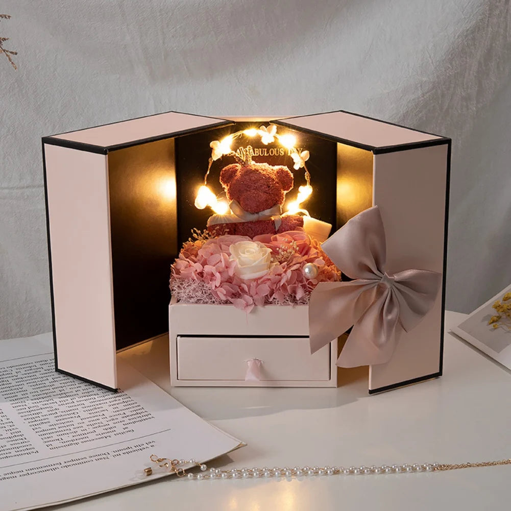 Rose Bear Gift Box with Eternal Rose and Necklace Fusion Gifts